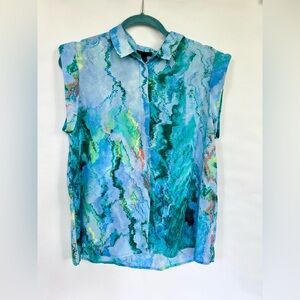 Early 2000s vintage Mossimo Abstract Blue and Green Sleeveless Blouse